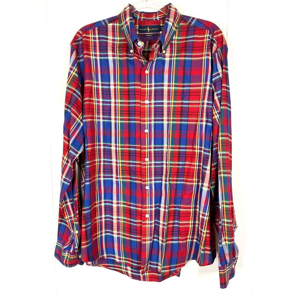 Ralph Lauren Red/Blue Paid Classic Fit Button Down Long Sleeve 100% Cotton Shirt